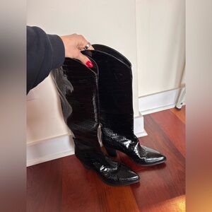 Black Croc-Embossed Knee-High Boots